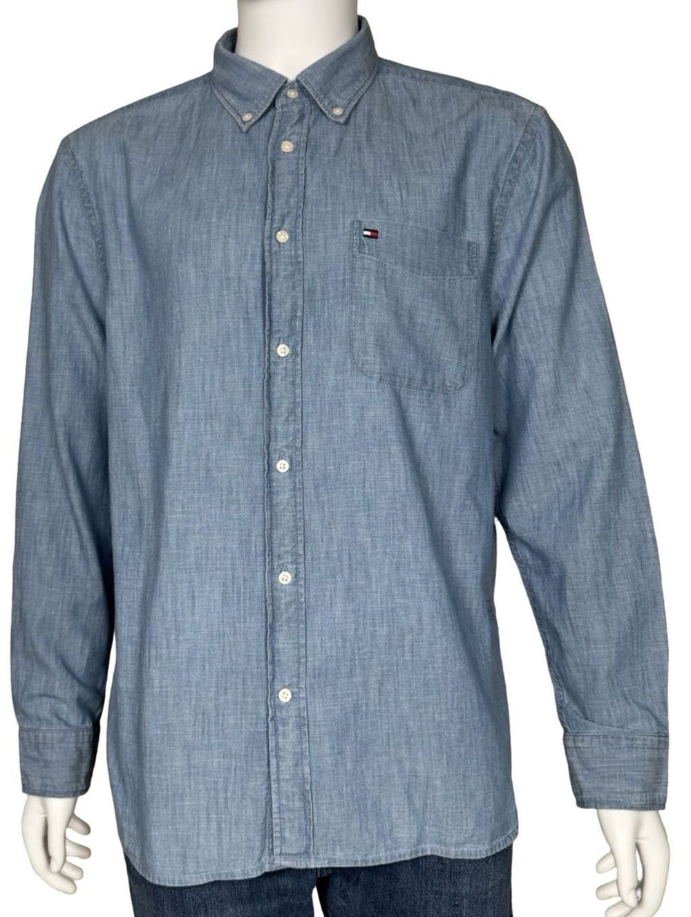 Tommy Hilfiger Mens XL Shirt Denim Blue Button-Down Long Sleeve Logo Casual New